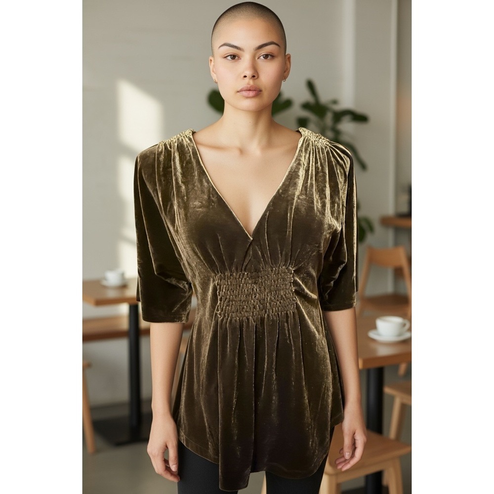 Ann Taylor Loft Top Women Medium Brown Velour Velvet Wide Sleeve V-neck Gathered